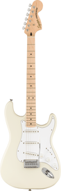 The image shows a Fender Squier Stratocaster electric guitar with a cream/off-white finish. It features the classic double cutaway Strat body, white pickguard, three single-coil pickups, and a tremolo bridge. The maple neck has dot inlays and a typical Strat headstock with "Squier by Fender" branding and six chrome tuning pegs. This affordable model offers the iconic Strat design and tone, ideal for beginners and all skill levels.