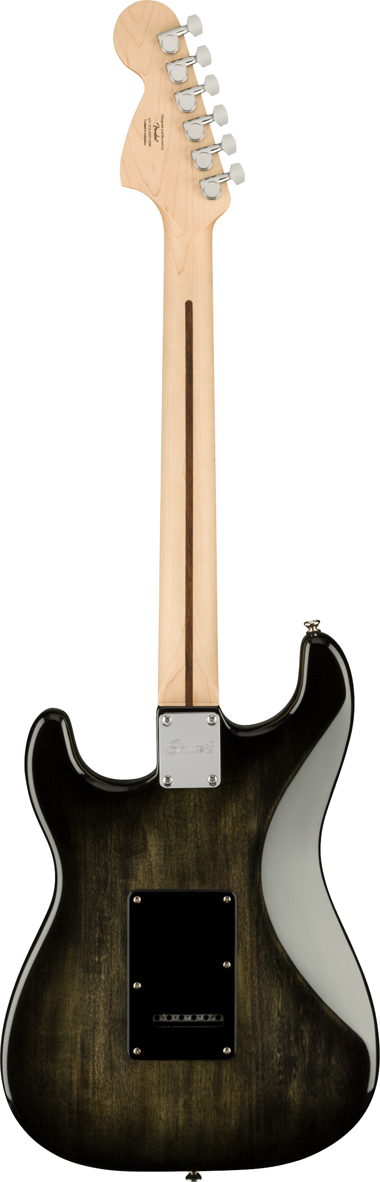 The image shows the back of a Squier Stratocaster-style electric guitar. It features a natural maple headstock with six chrome tuning pegs in a 6-in-line layout, Squier branding, and a maple neck with a truss rod adjustment at the heel. The bolt-on neck attaches to a solid body with a dark burst finish, a chrome neck plate with four screws, and a black rectangular cavity cover for electronics access.