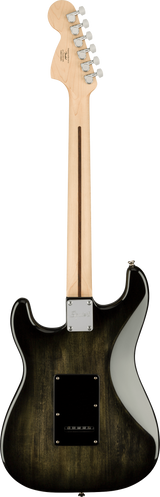 The image shows the back of a Squier Stratocaster-style electric guitar. It features a natural maple headstock with six chrome tuning pegs in a 6-in-line layout, Squier branding, and a maple neck with a truss rod adjustment at the heel. The bolt-on neck attaches to a solid body with a dark burst finish, a chrome neck plate with four screws, and a black rectangular cavity cover for electronics access.