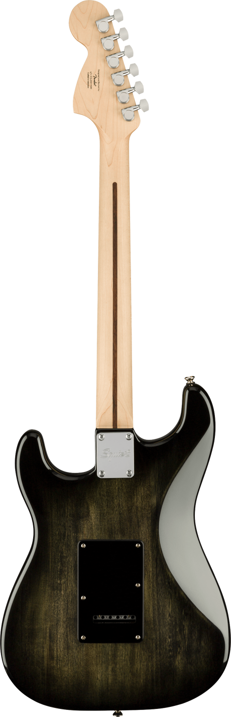 The image shows the back of a Squier Stratocaster-style electric guitar. It features a natural maple headstock with six chrome tuning pegs in a 6-in-line layout, Squier branding, and a maple neck with a truss rod adjustment at the heel. The bolt-on neck attaches to a solid body with a dark burst finish, a chrome neck plate with four screws, and a black rectangular cavity cover for electronics access.