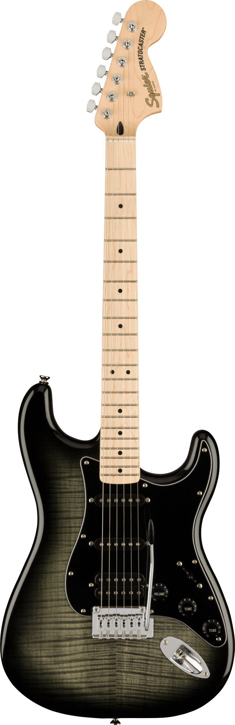 The image shows a Squier Stratocaster electric guitar with a classic Fender-style headstock branded "Squier" and "STRATOCASTER." It has a traditional double-cutaway body with a dark green/black burst flamed maple finish, a light maple neck with dot inlays, chrome tuning pegs, a white pickguard, three single-coil pickups, and a standard tremolo bridge. This higher-end Squier model showcases iconic Stratocaster design features.