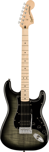 The image shows a Squier Stratocaster electric guitar with a classic Fender-style headstock branded "Squier" and "STRATOCASTER." It has a traditional double-cutaway body with a dark green/black burst flamed maple finish, a light maple neck with dot inlays, chrome tuning pegs, a white pickguard, three single-coil pickups, and a standard tremolo bridge. This higher-end Squier model showcases iconic Stratocaster design features.