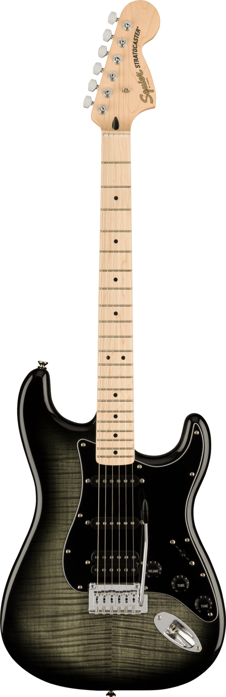 The image shows a Squier Stratocaster electric guitar with a classic Fender-style headstock branded "Squier" and "STRATOCASTER." It has a traditional double-cutaway body with a dark green/black burst flamed maple finish, a light maple neck with dot inlays, chrome tuning pegs, a white pickguard, three single-coil pickups, and a standard tremolo bridge. This higher-end Squier model showcases iconic Stratocaster design features.
