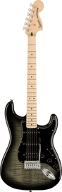 The image shows a Squier Stratocaster electric guitar with a classic Fender-style headstock branded "Squier" and "STRATOCASTER." It has a traditional double-cutaway body with a dark green/black burst flamed maple finish, a light maple neck with dot inlays, chrome tuning pegs, a white pickguard, three single-coil pickups, and a standard tremolo bridge. This higher-end Squier model showcases iconic Stratocaster design features.