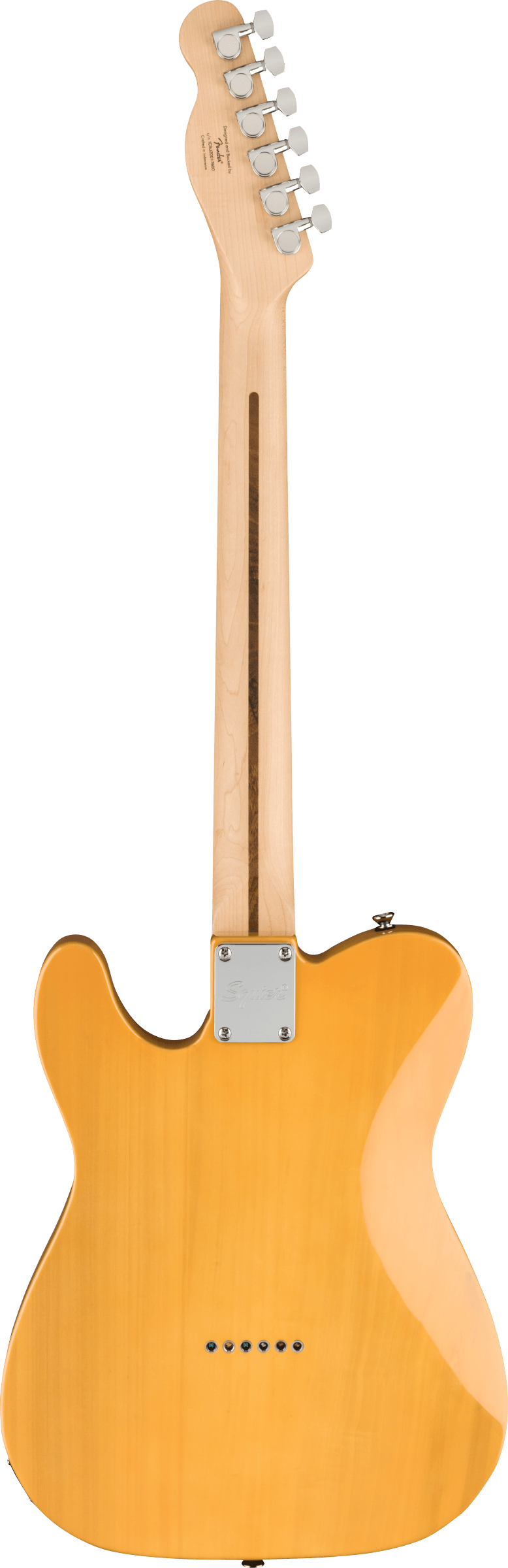 The image shows the back of a Telecaster-style electric guitar with a golden amber solid body and glossy finish highlighting the wood grain. It features a bolt-on maple neck with a chrome neck plate, six chrome tuning pegs in a straight line, and classic single cutaway design. The headstock displays faint branding. This vintage-inspired guitar is known for its bright tone and reliable construction.