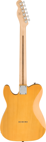 The image shows the back of a Telecaster-style electric guitar with a golden amber solid body and glossy finish highlighting the wood grain. It features a bolt-on maple neck with a chrome neck plate, six chrome tuning pegs in a straight line, and classic single cutaway design. The headstock displays faint branding. This vintage-inspired guitar is known for its bright tone and reliable construction.