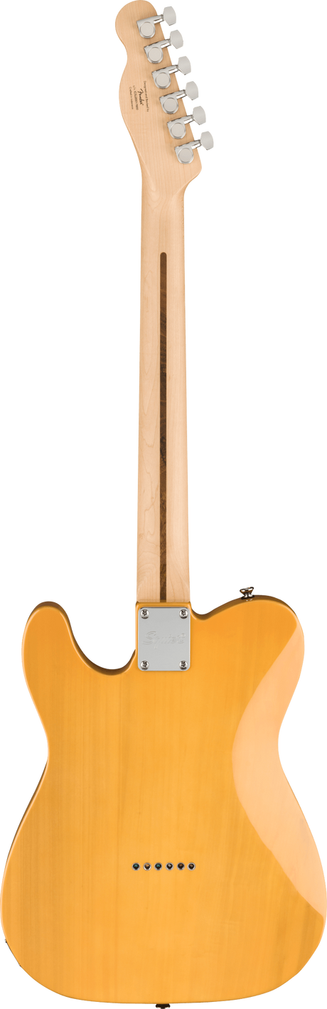 The image shows the back of a Telecaster-style electric guitar with a golden amber solid body and glossy finish highlighting the wood grain. It features a bolt-on maple neck with a chrome neck plate, six chrome tuning pegs in a straight line, and classic single cutaway design. The headstock displays faint branding. This vintage-inspired guitar is known for its bright tone and reliable construction.