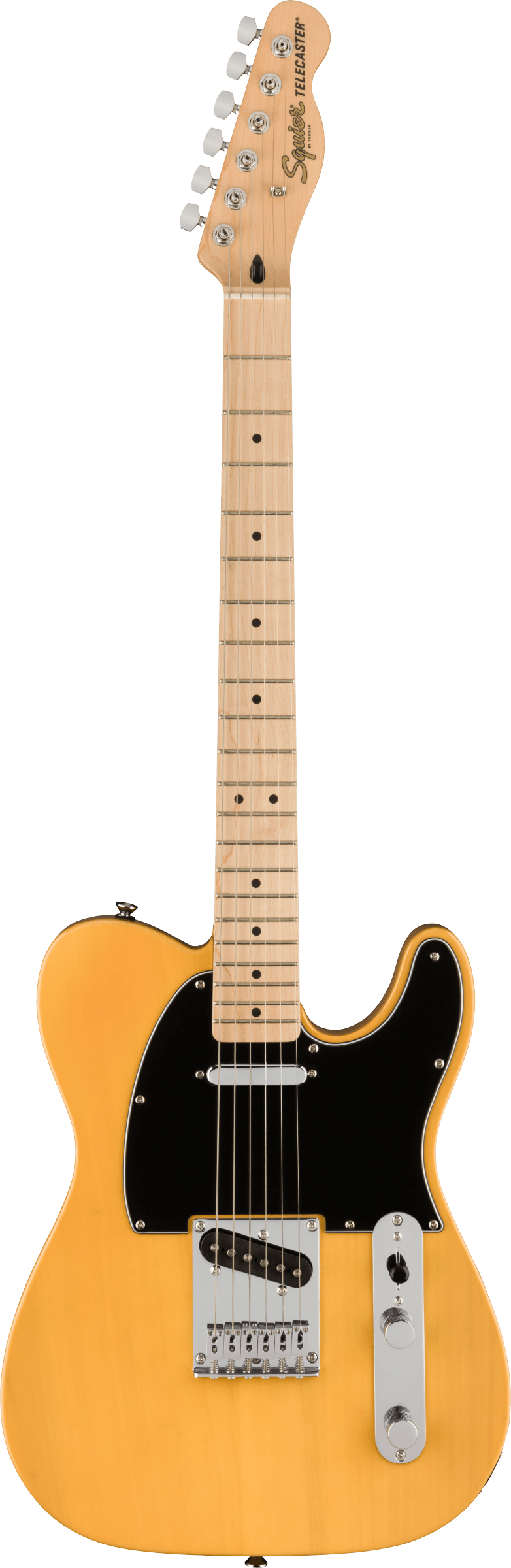 The image shows a Squier Telecaster electric guitar with a classic butterscotch yellow finish, black pickguard, and traditional single-coil pickups. It features a maple neck, chrome hardware, and six strings with a bolt-on neck. The headstock displays "Squier" and "Telecaster" branding. This affordable Fender model combines classic Telecaster design and bright, versatile tone, suitable for various music styles from beginner to intermediate players.