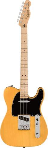 The image shows a Squier Telecaster electric guitar with a classic butterscotch yellow finish, black pickguard, and traditional single-coil pickups. It features a maple neck, chrome hardware, and six strings with a bolt-on neck. The headstock displays "Squier" and "Telecaster" branding. This affordable Fender model combines classic Telecaster design and bright, versatile tone, suitable for various music styles from beginner to intermediate players.