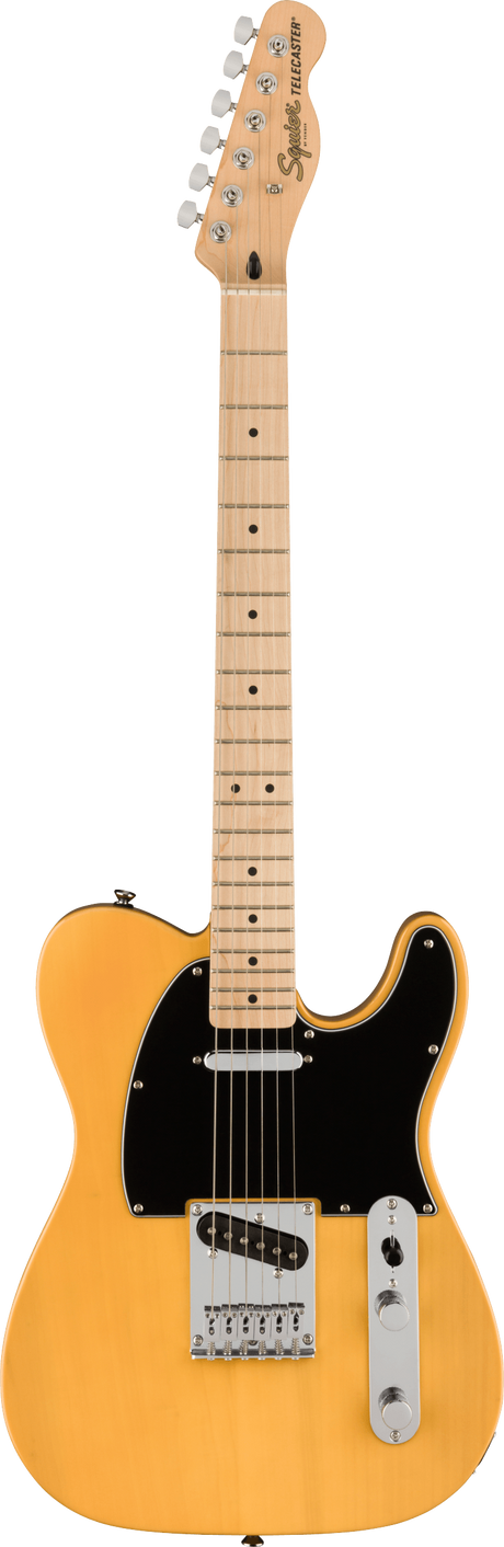 The image shows a Squier Telecaster electric guitar with a classic butterscotch yellow finish, black pickguard, and traditional single-coil pickups. It features a maple neck, chrome hardware, and six strings with a bolt-on neck. The headstock displays "Squier" and "Telecaster" branding. This affordable Fender model combines classic Telecaster design and bright, versatile tone, suitable for various music styles from beginner to intermediate players.