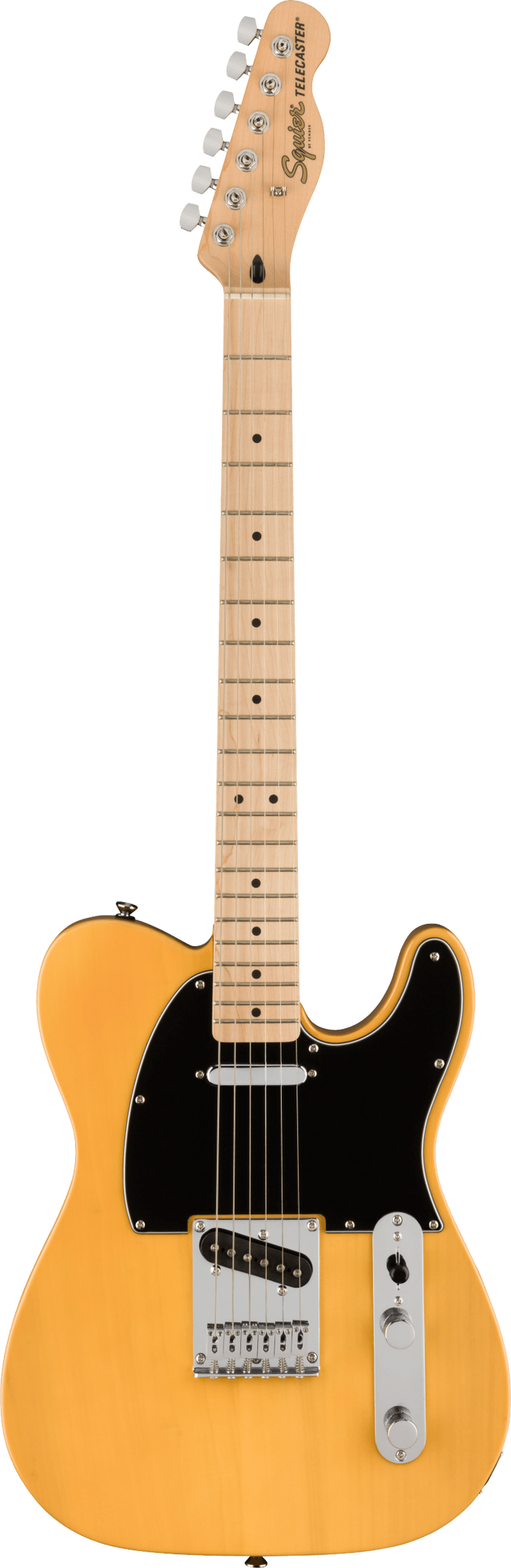 The image shows a Squier Telecaster electric guitar with a classic butterscotch yellow finish, black pickguard, and traditional single-coil pickups. It features a maple neck, chrome hardware, and six strings with a bolt-on neck. The headstock displays "Squier" and "Telecaster" branding. This affordable Fender model combines classic Telecaster design and bright, versatile tone, suitable for various music styles from beginner to intermediate players.