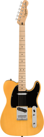 The image shows a Squier Telecaster electric guitar with a classic butterscotch yellow finish, black pickguard, and traditional single-coil pickups. It features a maple neck, chrome hardware, and six strings with a bolt-on neck. The headstock displays "Squier" and "Telecaster" branding. This affordable Fender model combines classic Telecaster design and bright, versatile tone, suitable for various music styles from beginner to intermediate players.