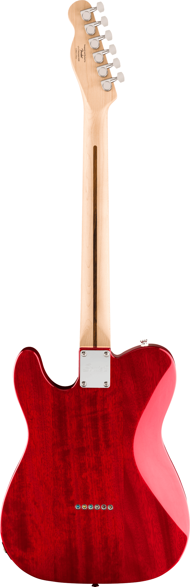 The image shows the back of a Telecaster-style electric guitar with a translucent red finish revealing the wood grain. It features a classic single-cutaway body, chrome tuning machines aligned on the headstock, a metal neck plate, and six string ferrules at the body’s base. The maple bolt-on neck has a natural finish, highlighting clean craftsmanship and the guitar’s iconic, versatile design.