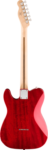 The image shows the back of a Telecaster-style electric guitar with a translucent red finish revealing the wood grain. It features a classic single-cutaway body, chrome tuning machines aligned on the headstock, a metal neck plate, and six string ferrules at the body’s base. The maple bolt-on neck has a natural finish, highlighting clean craftsmanship and the guitar’s iconic, versatile design.