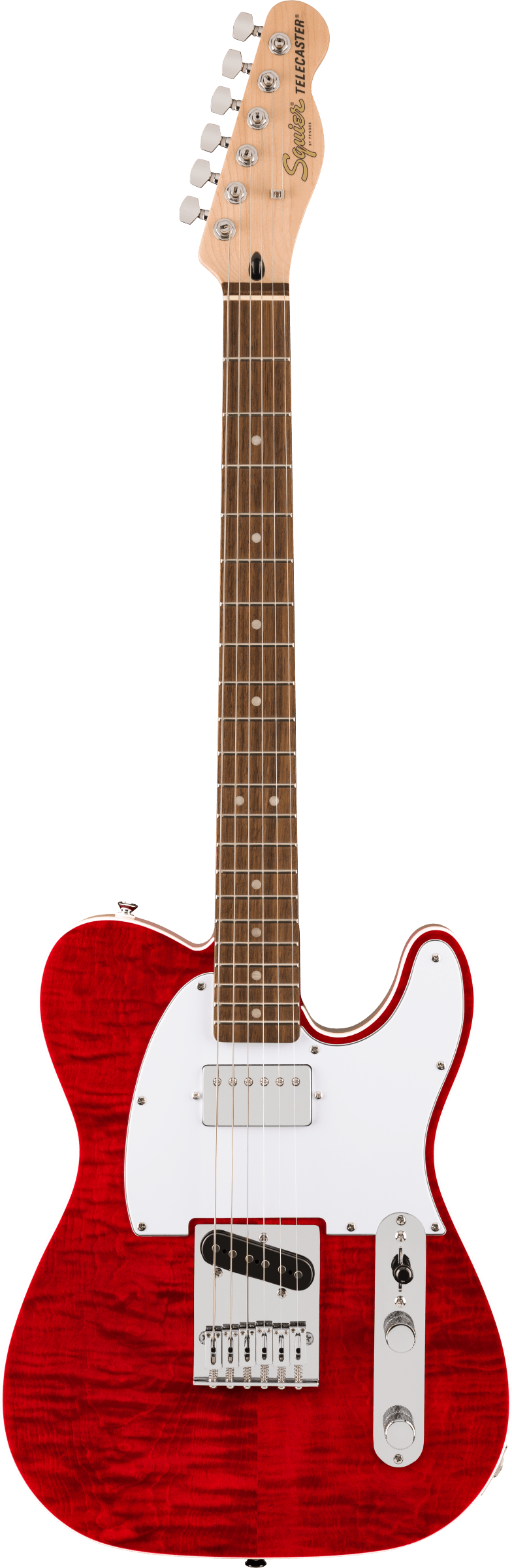 The image shows a Squier by Fender Telecaster electric guitar with a red quilted maple top and translucent finish. It features a classic Telecaster body, white pickguard, two single-coil pickups, a traditional bridge, chrome hardware, two control knobs, and a 3-way selector. The maple neck has a rosewood fretboard, dot markers, and a 6-in-line headstock with Squier branding. This higher-end model offers quality and classic Telecaster tone.