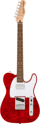 The image shows a Squier by Fender Telecaster electric guitar with a red quilted maple top and translucent finish. It features a classic Telecaster body, white pickguard, two single-coil pickups, a traditional bridge, chrome hardware, two control knobs, and a 3-way selector. The maple neck has a rosewood fretboard, dot markers, and a 6-in-line headstock with Squier branding. This higher-end model offers quality and classic Telecaster tone.