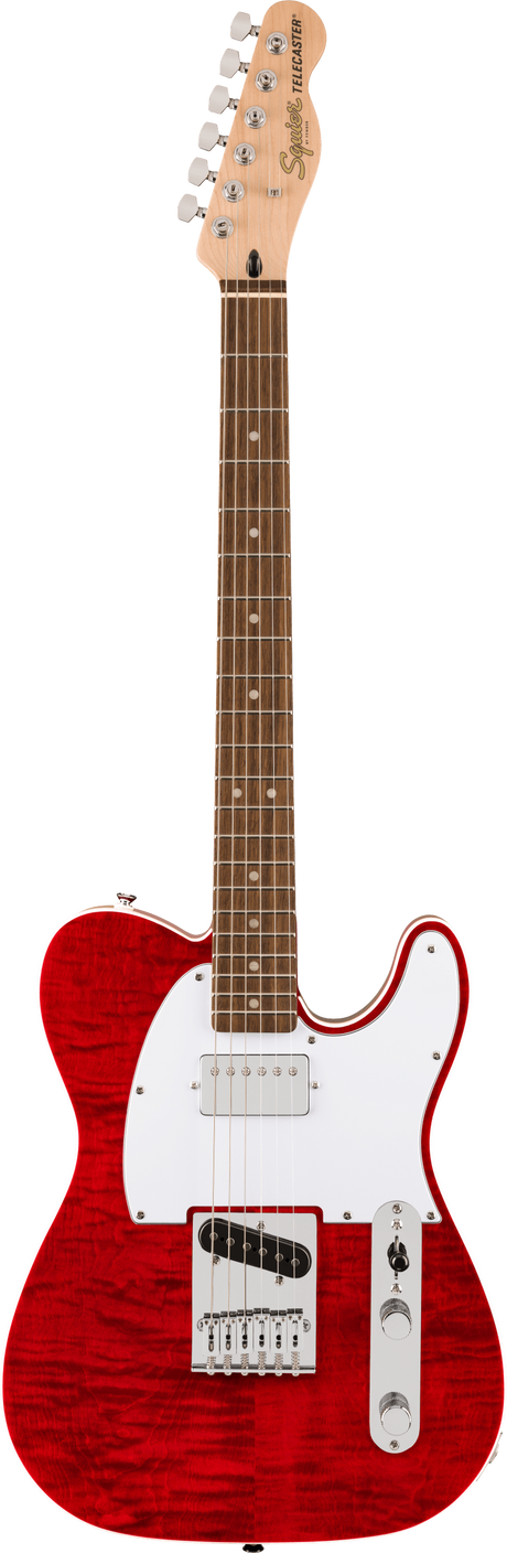 The image shows a Squier by Fender Telecaster electric guitar with a red quilted maple top and translucent finish. It features a classic Telecaster body, white pickguard, two single-coil pickups, a traditional bridge, chrome hardware, two control knobs, and a 3-way selector. The maple neck has a rosewood fretboard, dot markers, and a 6-in-line headstock with Squier branding. This higher-end model offers quality and classic Telecaster tone.