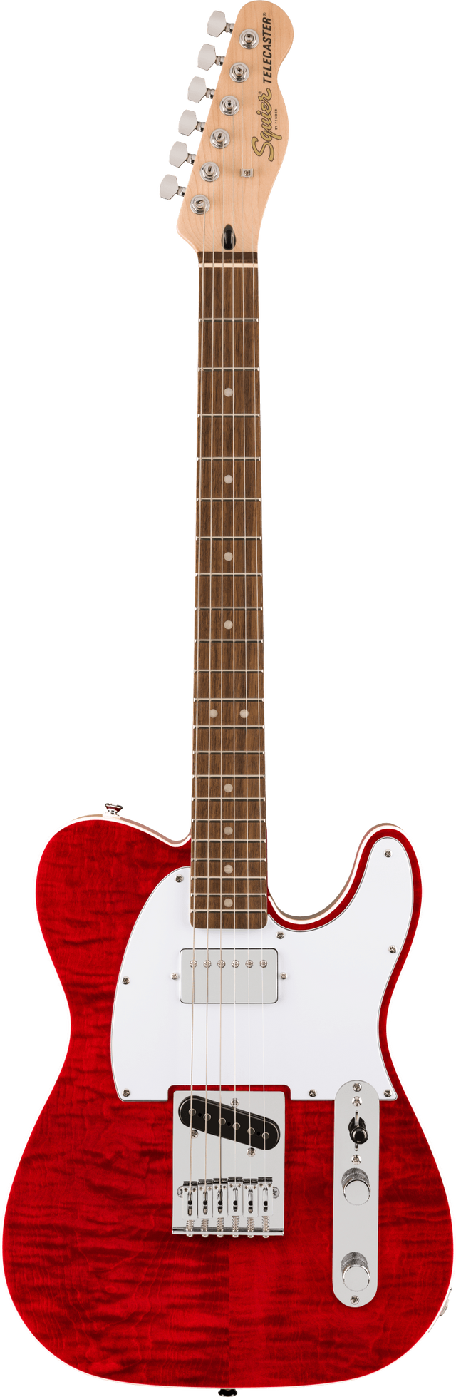 The image shows a Squier by Fender Telecaster electric guitar with a red quilted maple top and translucent finish. It features a classic Telecaster body, white pickguard, two single-coil pickups, a traditional bridge, chrome hardware, two control knobs, and a 3-way selector. The maple neck has a rosewood fretboard, dot markers, and a 6-in-line headstock with Squier branding. This higher-end model offers quality and classic Telecaster tone.