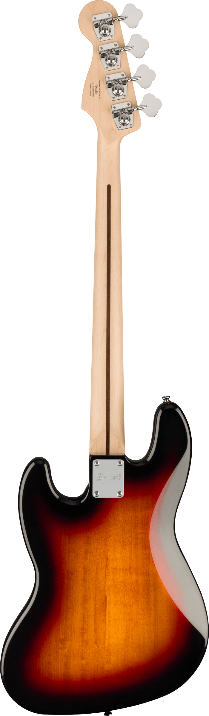 The image shows the back view of a 4-string electric bass guitar with a sunburst finish. It features a light maple neck, chrome tuning pegs with cream buttons on the headstock, a chrome neck plate, and string slots visible on the headstock. The body has a classic Fender-style shape, likely a Precision or Jazz Bass, indicating a professional-quality instrument.