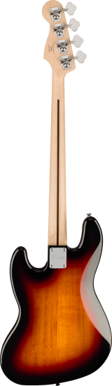 The image shows the back view of a 4-string electric bass guitar with a sunburst finish. It features a light maple neck, chrome tuning pegs with cream buttons on the headstock, a chrome neck plate, and string slots visible on the headstock. The body has a classic Fender-style shape, likely a Precision or Jazz Bass, indicating a professional-quality instrument.