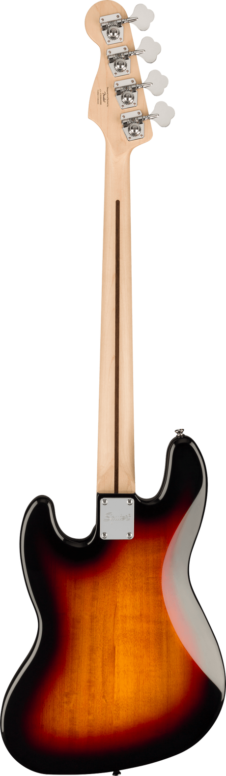 The image shows the back view of a 4-string electric bass guitar with a sunburst finish. It features a light maple neck, chrome tuning pegs with cream buttons on the headstock, a chrome neck plate, and string slots visible on the headstock. The body has a classic Fender-style shape, likely a Precision or Jazz Bass, indicating a professional-quality instrument.