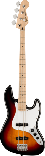The image shows a classic Fender Jazz Bass electric guitar with a sunburst finish, white pickguard, and two single-coil pickups. It features a maple neck with dot markers, chrome hardware, three control knobs, and the distinctive Fender headstock with branding. The guitar is photographed against a white background, highlighting its iconic 4-string design known for versatile tone and playability.