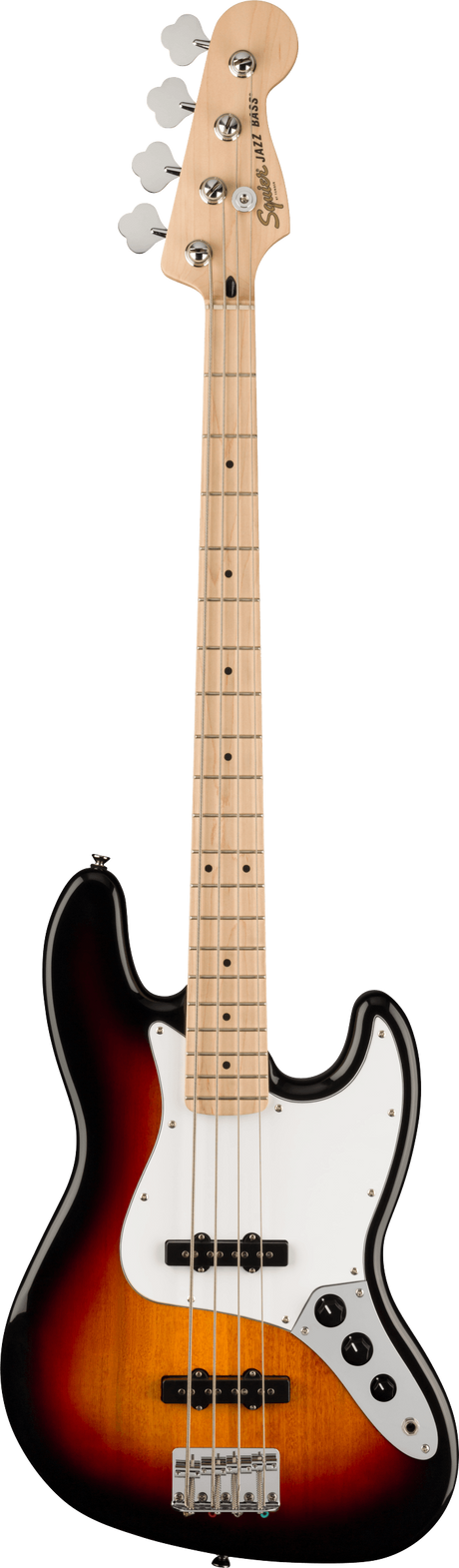 The image shows a classic Fender Jazz Bass electric guitar with a sunburst finish, white pickguard, and two single-coil pickups. It features a maple neck with dot markers, chrome hardware, three control knobs, and the distinctive Fender headstock with branding. The guitar is photographed against a white background, highlighting its iconic 4-string design known for versatile tone and playability.