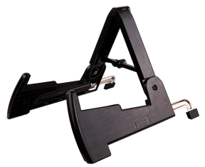 The image shows a folding A-frame guitar stand made of black metal with a dark wood-grain finish, branded "Teton Edition." It has adjustable, foldable legs, padded contact points, and supports various guitar types. Designed for stability and portability, it is suitable for home, stage, or studio use, providing safe and convenient guitar storage and transport.