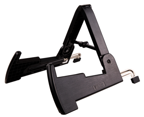 The image shows a folding A-frame guitar stand made of black metal with a dark wood-grain finish, branded "Teton Edition." It has adjustable, foldable legs, padded contact points, and supports various guitar types. Designed for stability and portability, it is suitable for home, stage, or studio use, providing safe and convenient guitar storage and transport.