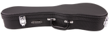 The image shows a Teton hard shell ukulele case with a curved shape matching a ukulele's contours. It has a black textured exterior, chrome metal latches and hinges, a black carrying handle, and an oval badge with the "TETON UKULELES" logo. Designed for secure transport, it offers professional-grade protection and fits Teton ukuleles or similarly sized instruments.