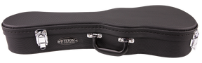 The image shows a Teton hard shell ukulele case with a curved shape matching a ukulele's contours. It has a black textured exterior, chrome metal latches and hinges, a black carrying handle, and an oval badge with the "TETON UKULELES" logo. Designed for secure transport, it offers professional-grade protection and fits Teton ukuleles or similarly sized instruments.