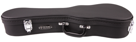 The image shows a Teton hard shell ukulele case with a curved shape matching a ukulele's contours. It has a black textured exterior, chrome metal latches and hinges, a black carrying handle, and an oval badge with the "TETON UKULELES" logo. Designed for secure transport, it offers professional-grade protection and fits Teton ukuleles or similarly sized instruments.