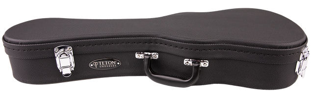 The image shows a Teton hard shell ukulele case with a curved shape matching a ukulele's contours. It has a black textured exterior, chrome metal latches and hinges, a black carrying handle, and an oval badge with the "TETON UKULELES" logo. Designed for secure transport, it offers professional-grade protection and fits Teton ukuleles or similarly sized instruments.