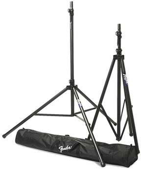 The image shows a pair of black adjustable tripod speaker stands with telescoping center poles and sturdy metal bases alongside a branded black carrying case, likely Fender. These professional-grade stands are designed to support speakers, monitors, or lighting equipment for musicians, DJs, and sound engineers during performances, recordings, or events, providing stable, portable positioning for optimal sound projection.