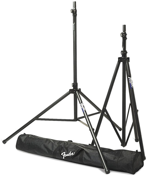 The image shows a pair of black adjustable tripod speaker stands with telescoping center poles and sturdy metal bases alongside a branded black carrying case, likely Fender. These professional-grade stands are designed to support speakers, monitors, or lighting equipment for musicians, DJs, and sound engineers during performances, recordings, or events, providing stable, portable positioning for optimal sound projection.
