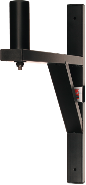 The image shows a black metal wall-mounted guitar hanger with a vertical mounting plate, a horizontal arm, and a cylindrical holder for the guitar's headstock. It includes a sturdy angled support brace and a small label. Designed to securely hold acoustic or electric guitars, it cradles the neck with padded contact points to prevent scratches, offering a space-saving and accessible storage solution.