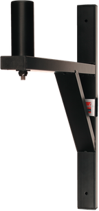 The image shows a black metal wall-mounted guitar hanger with a vertical mounting plate, a horizontal arm, and a cylindrical holder for the guitar's headstock. It includes a sturdy angled support brace and a small label. Designed to securely hold acoustic or electric guitars, it cradles the neck with padded contact points to prevent scratches, offering a space-saving and accessible storage solution.