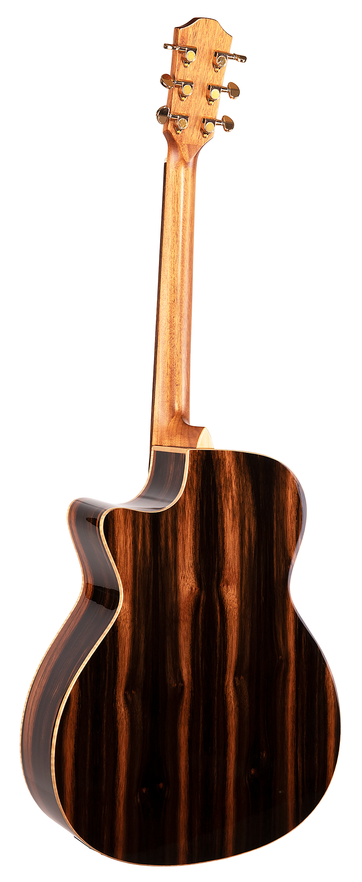 The image shows the back of a high-quality acoustic guitar featuring dark, richly grained wood likely rosewood, with bookmatched panels. It has a lighter wood neck, six gold tuning pegs, and sealed gear tuners. The cutaway body, resembling a Grand Auditorium style, has clean binding and a glossy, professional finish, indicating a premium instrument suitable for serious players.