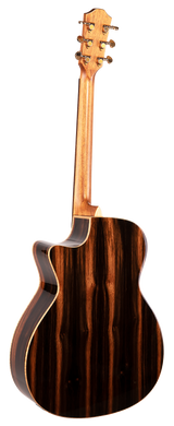 The image shows the back of a high-quality acoustic guitar featuring dark, richly grained wood likely rosewood, with bookmatched panels. It has a lighter wood neck, six gold tuning pegs, and sealed gear tuners. The cutaway body, resembling a Grand Auditorium style, has clean binding and a glossy, professional finish, indicating a premium instrument suitable for serious players.