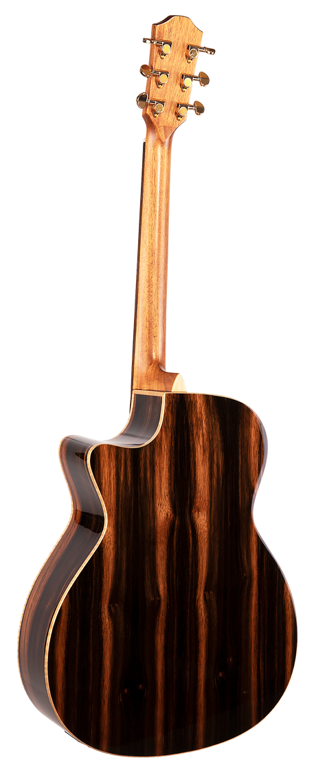 The image shows the back of a high-quality acoustic guitar featuring dark, richly grained wood likely rosewood, with bookmatched panels. It has a lighter wood neck, six gold tuning pegs, and sealed gear tuners. The cutaway body, resembling a Grand Auditorium style, has clean binding and a glossy, professional finish, indicating a premium instrument suitable for serious players.