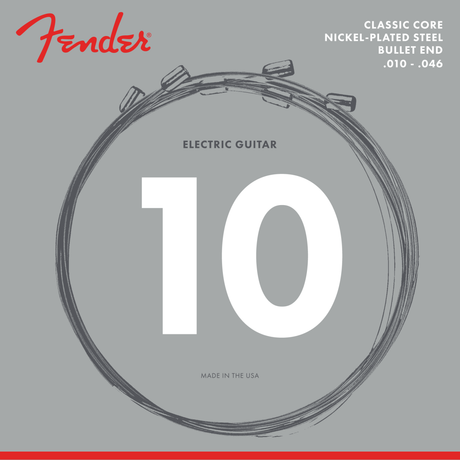 The image shows a Fender electric guitar string set package featuring the iconic red Fender logo. It is a light gauge (.010-.046) 10-string set made in the USA, with classic core, nickel-plated steel strings and bullet-end construction. The coiled strings are arranged in a circle on a gray background. The bullet ends enhance stability and sustain, designed for vintage-style Fender tremolo systems.