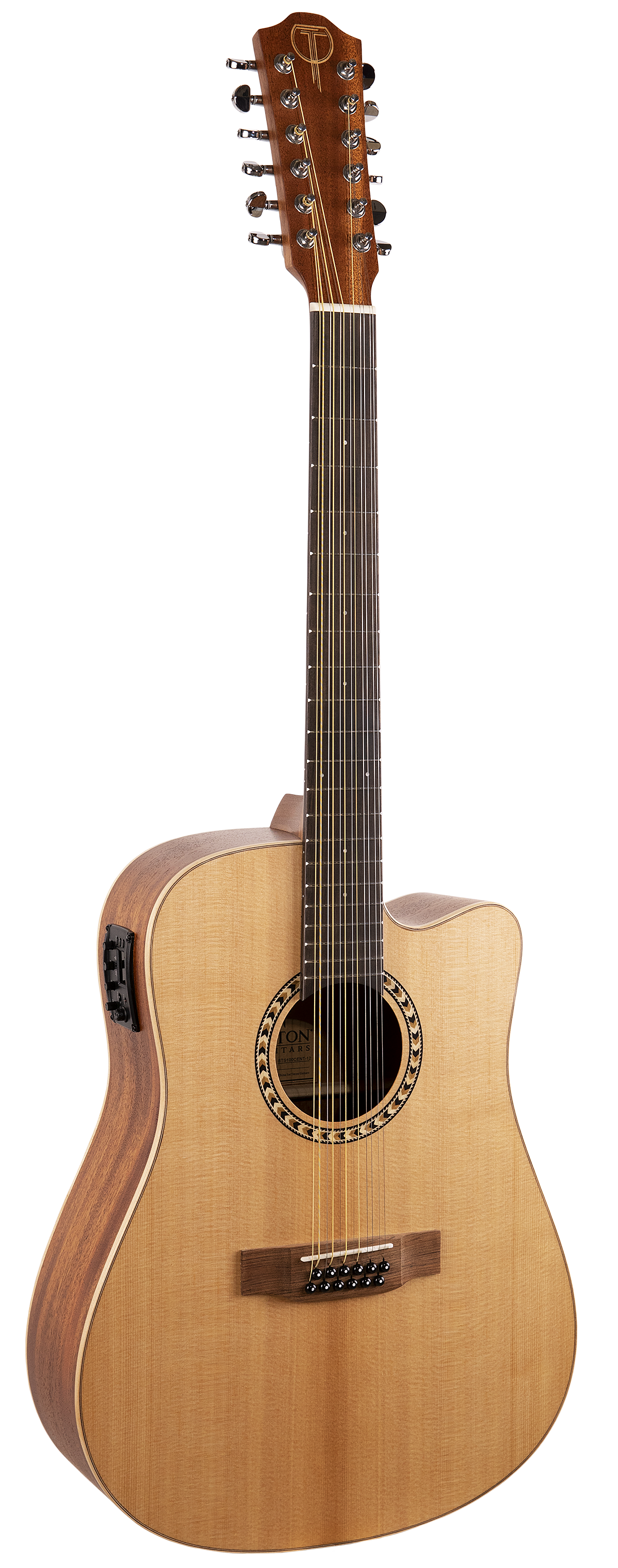 The image shows a 12-string acoustic-electric guitar with a natural wood finish, featuring a cutaway dreadnought body. It has a light-colored top with darker back and sides, 12 chrome tuning pegs on the headstock, a decorative rosette, dot inlays on the fretboard, and an electronic pickup system. The design allows easy access to higher frets and produces a rich, full sound.