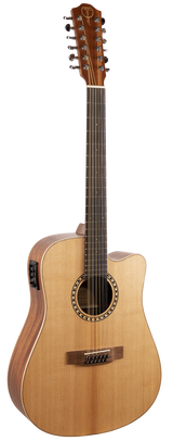 The image shows a 12-string acoustic-electric guitar with a natural wood finish, featuring a cutaway dreadnought body. It has a light-colored top with darker back and sides, 12 chrome tuning pegs on the headstock, a decorative rosette, dot inlays on the fretboard, and an electronic pickup system. The design allows easy access to higher frets and produces a rich, full sound.