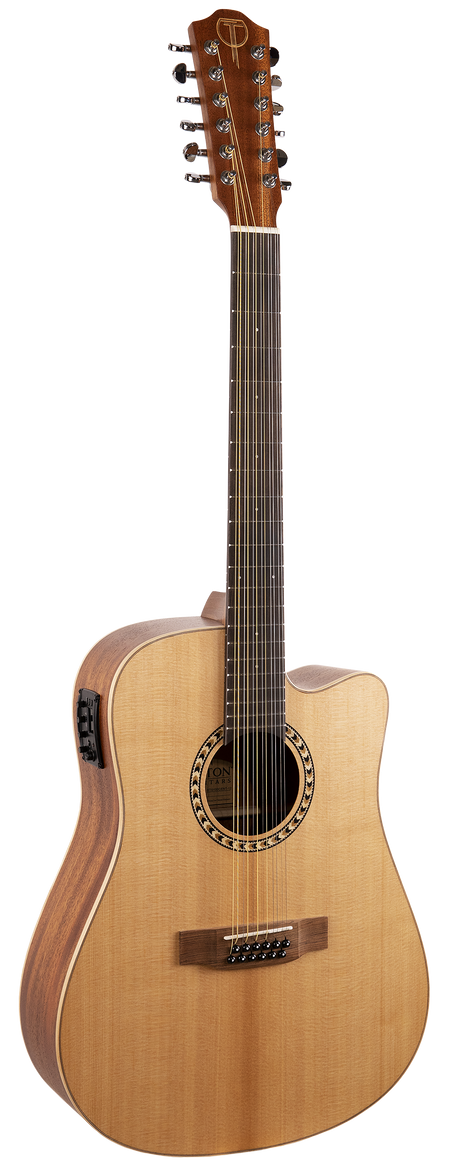 The image shows a 12-string acoustic-electric guitar with a natural wood finish, featuring a cutaway dreadnought body. It has a light-colored top with darker back and sides, 12 chrome tuning pegs on the headstock, a decorative rosette, dot inlays on the fretboard, and an electronic pickup system. The design allows easy access to higher frets and produces a rich, full sound.