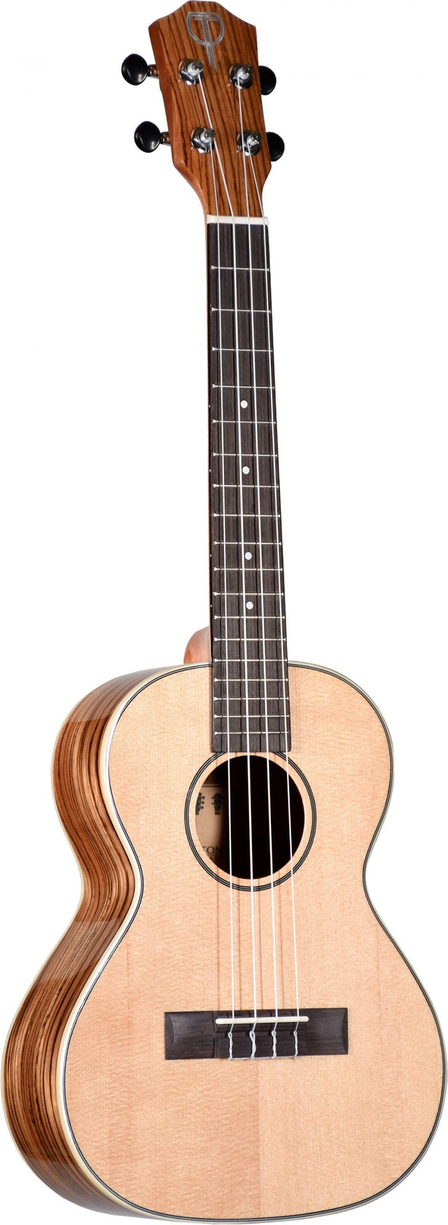 The image shows a well-crafted tenor or concert ukulele with a light-colored wood top and darker, striped back and sides. It features a reddish-brown neck, dark fretboard with white markers, and a round sound hole with decorative rosette. The instrument has chrome tuning pegs, a cream nut, and four nylon strings. Its classic shape and quality materials suggest it is an intermediate to advanced model.