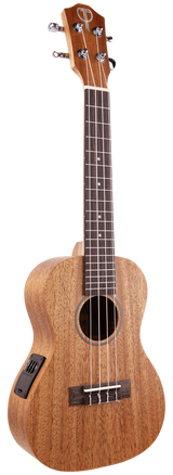 The image shows a ukulele, a small wooden stringed instrument with four strings, a fretboard with metal frets and dot inlays, and tuning pegs. It includes an electronic pickup and side controls, indicating it is an electric or electro-acoustic ukulele that can be amplified.