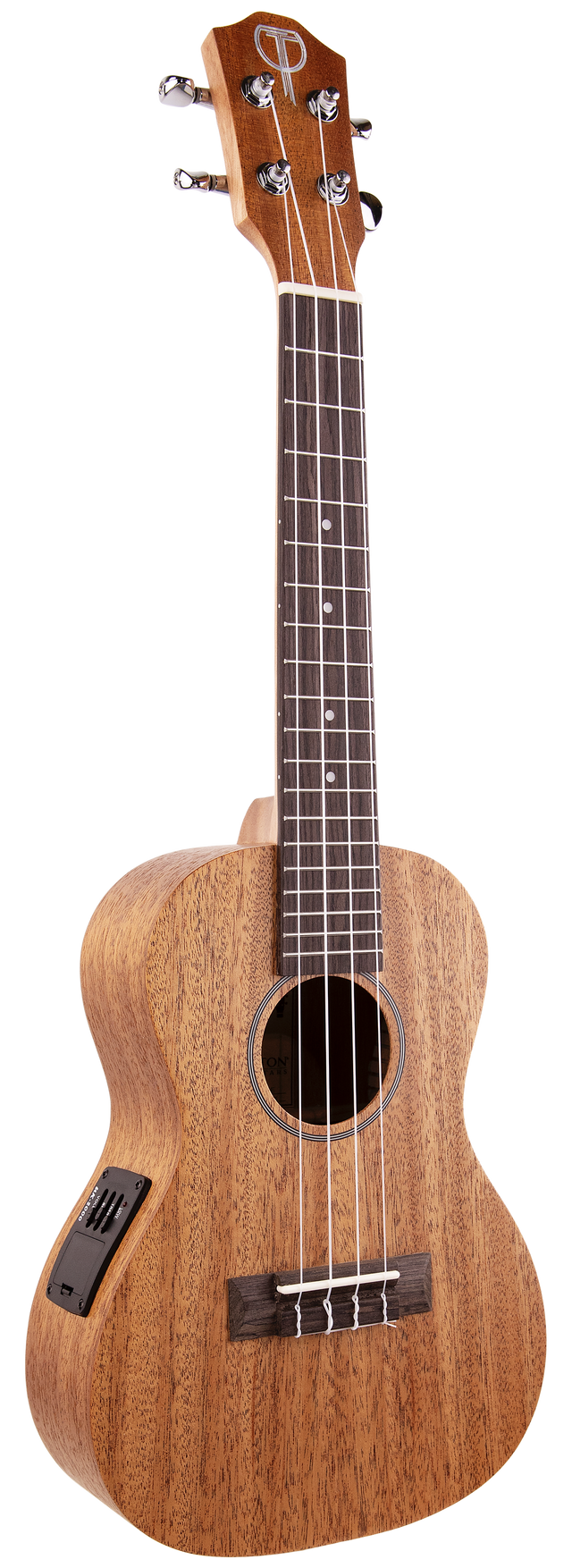 The image shows a ukulele, a small wooden stringed instrument with four strings, a fretboard with metal frets and dot inlays, and tuning pegs. It includes an electronic pickup and side controls, indicating it is an electric or electro-acoustic ukulele that can be amplified.