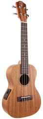 The image shows a ukulele, a small wooden stringed instrument with four strings, a fretboard with metal frets and dot inlays, and tuning pegs. It includes an electronic pickup and side controls, indicating it is an electric or electro-acoustic ukulele that can be amplified.