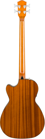 The image shows the back of an acoustic guitar with a figure-8 body shape, a long neck, and a headstock featuring four chrome tuning pegs. The wood has a warm amber finish with visible grain and dark binding around the edges. The glossy surface and clean craftsmanship suggest a high-quality, well-made instrument, possibly a tenor or bass guitar or part of a 6-string guitar’s tuning setup.