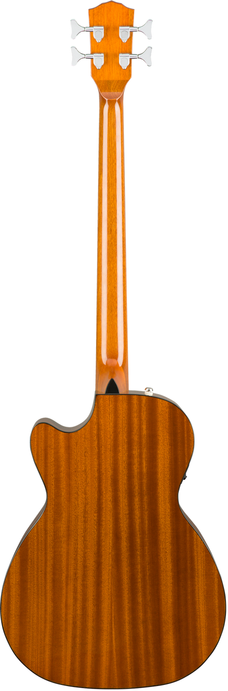 The image shows the back of an acoustic guitar with a figure-8 body shape, a long neck, and a headstock featuring four chrome tuning pegs. The wood has a warm amber finish with visible grain and dark binding around the edges. The glossy surface and clean craftsmanship suggest a high-quality, well-made instrument, possibly a tenor or bass guitar or part of a 6-string guitar’s tuning setup.